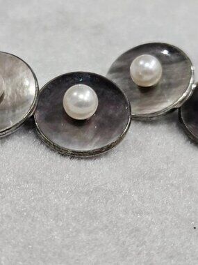 MIKIMOTO Sterling Silver Mop Pearl & Round White Pearl Cufflinks Estate M468